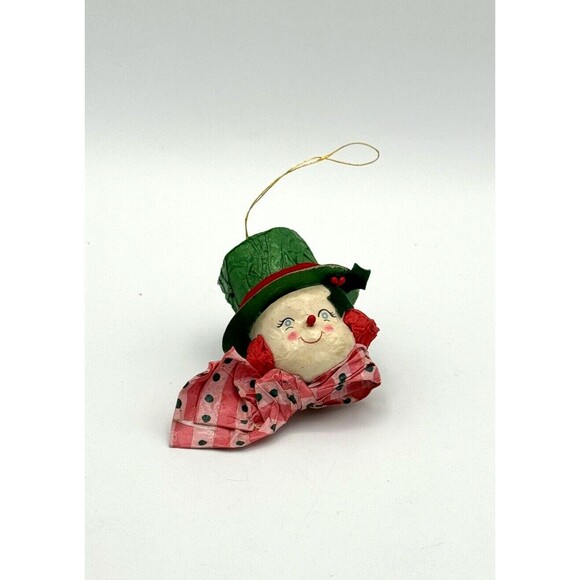 Vintage Paper Mache Christmas Ornament Clown Face Elf Person Hat Scarf Green Red - Picture 1 of 6